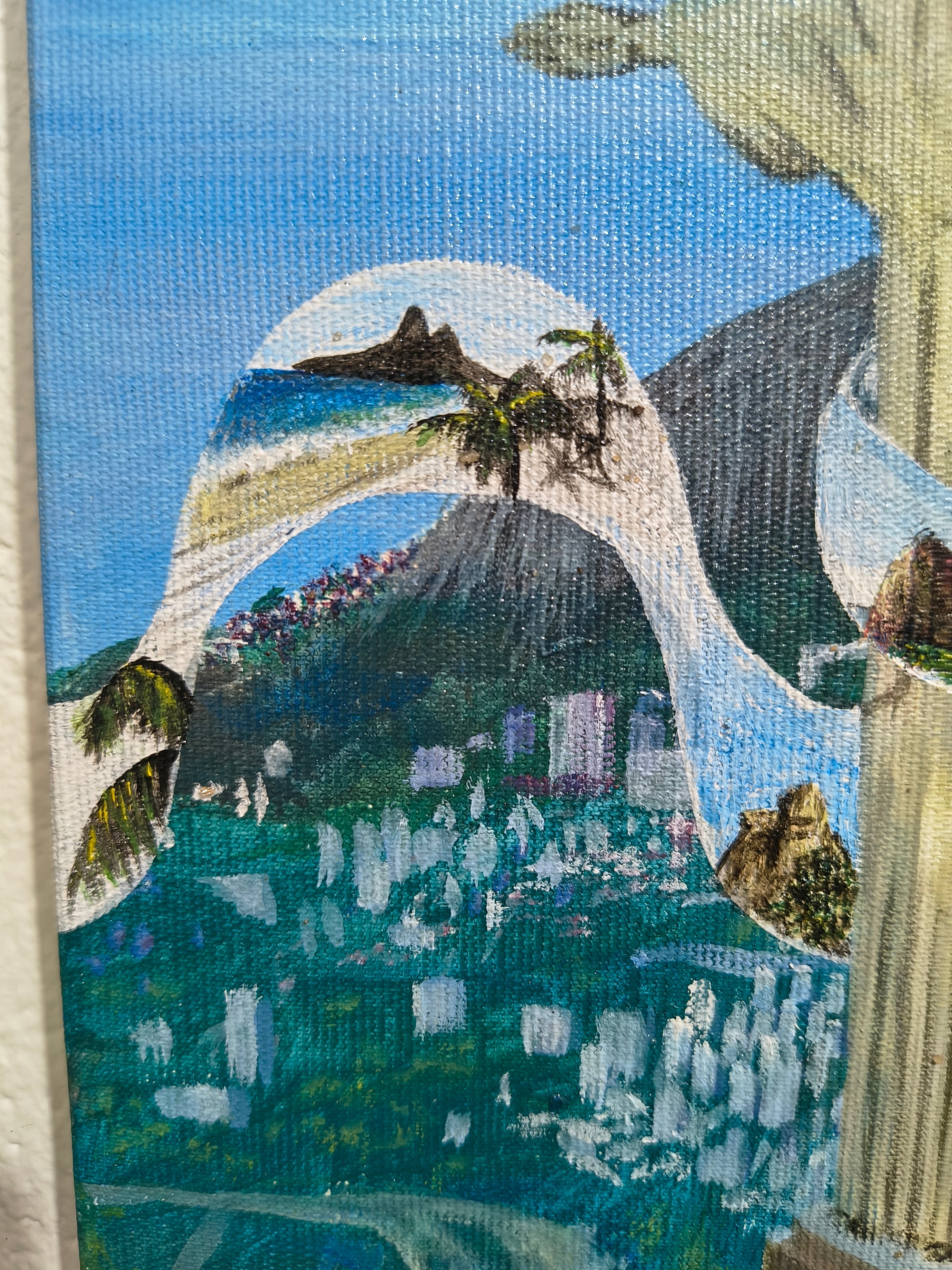 Detalhe das paisagens do Rio de Janeiro na pintura original de Amanda Pacifico