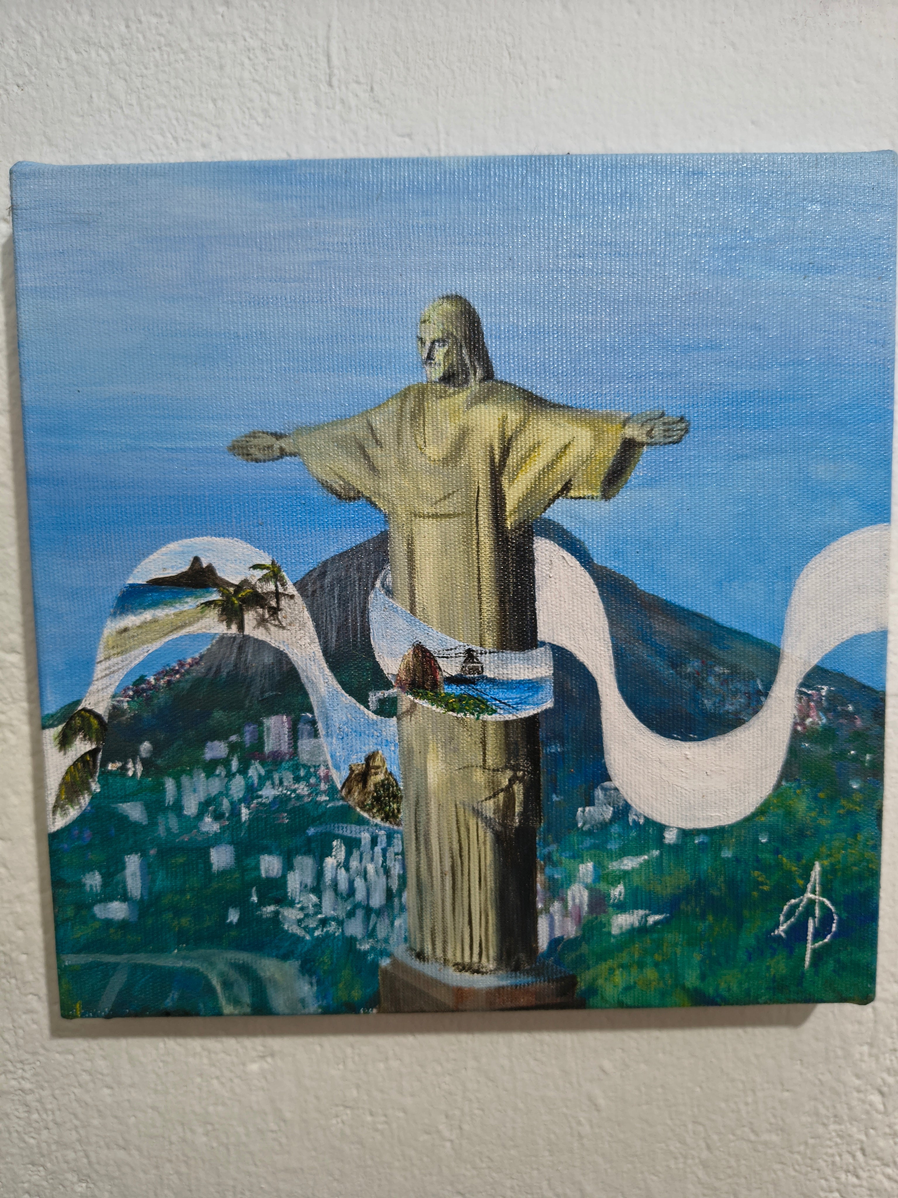 Pintura original do Cristo Redentor com paisagens do Rio de Janeiro, por Amanda Pacifico