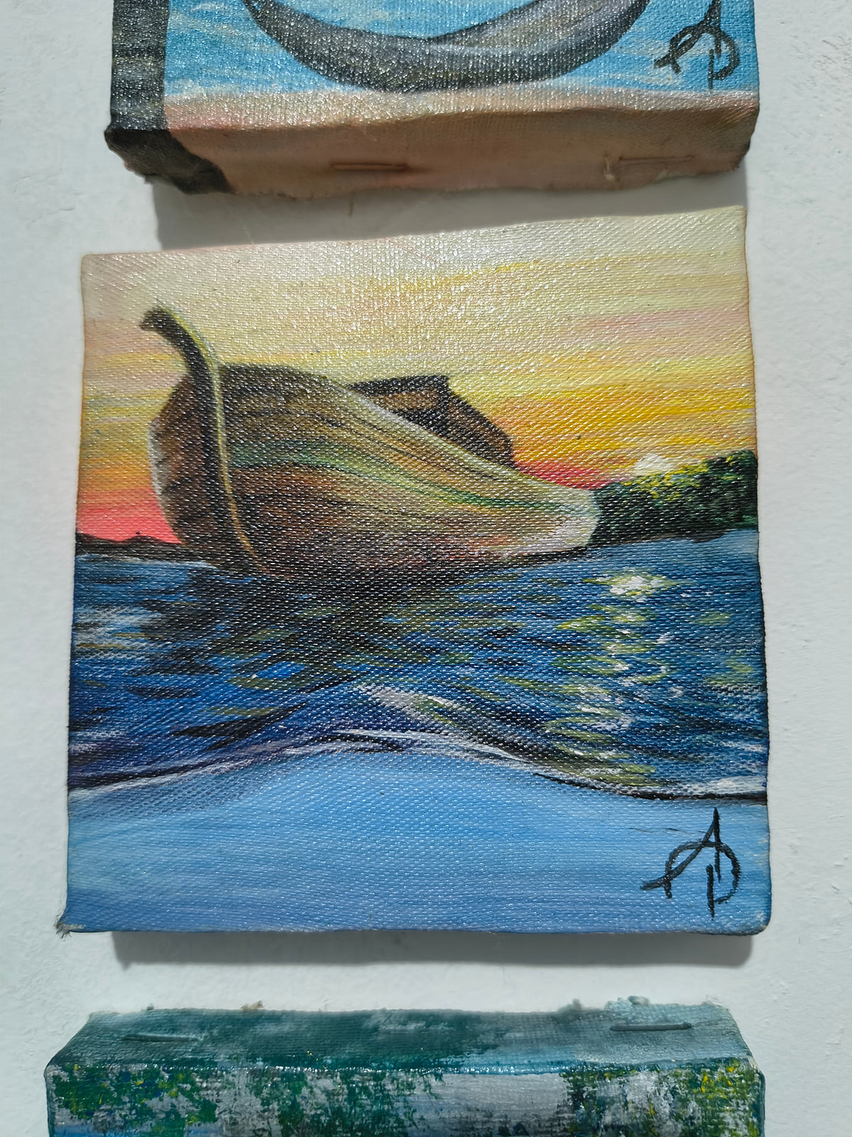 Mini pintura original Barquinho de pescador 10x10cm